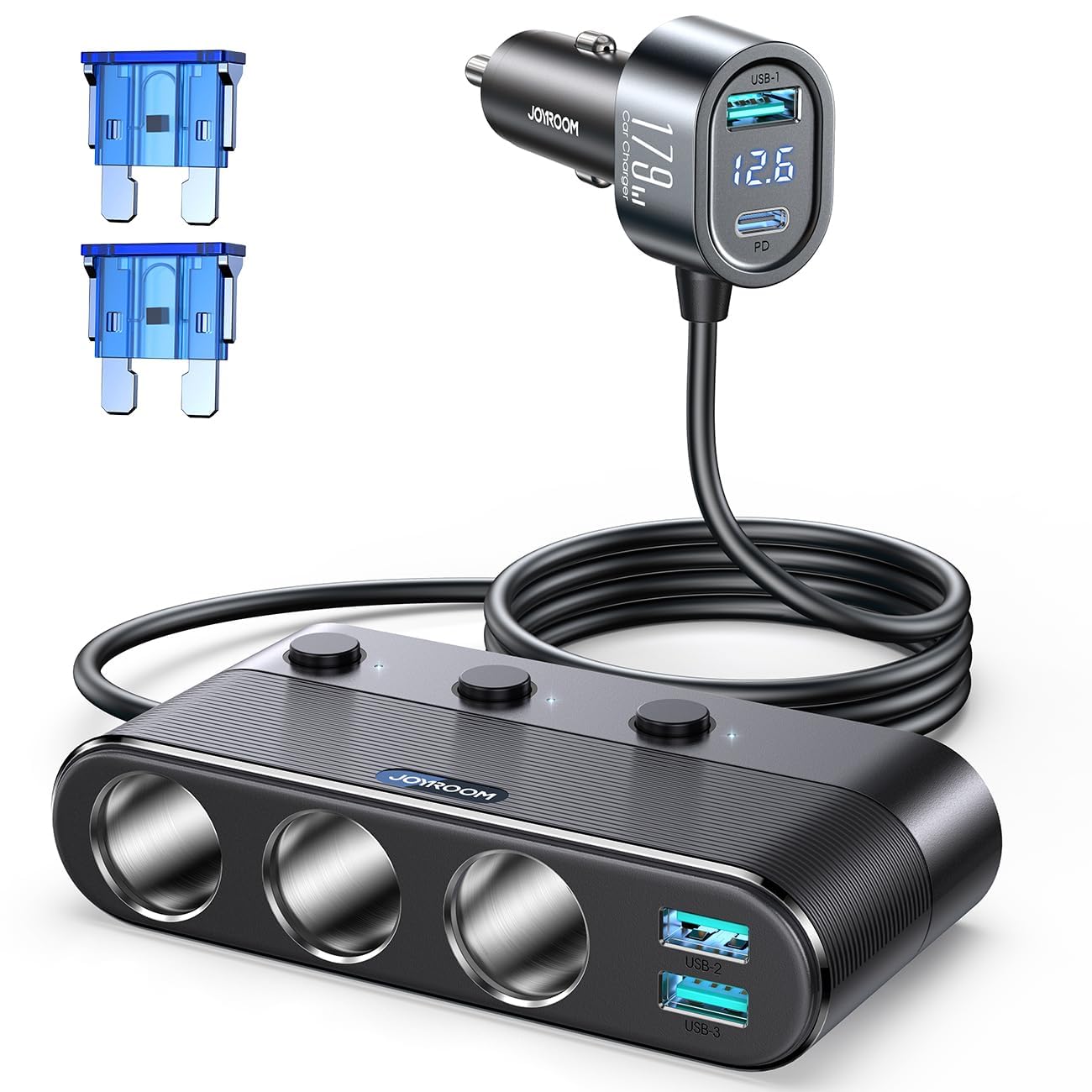 71TLEGWfx7L._SY1300_.jpg JOYROOM 179W Zigarettenanzünder Verteiler 7-in-1 – Kfz Ladegerät für 12V/24V mit LED Voltmeter – Bild 1