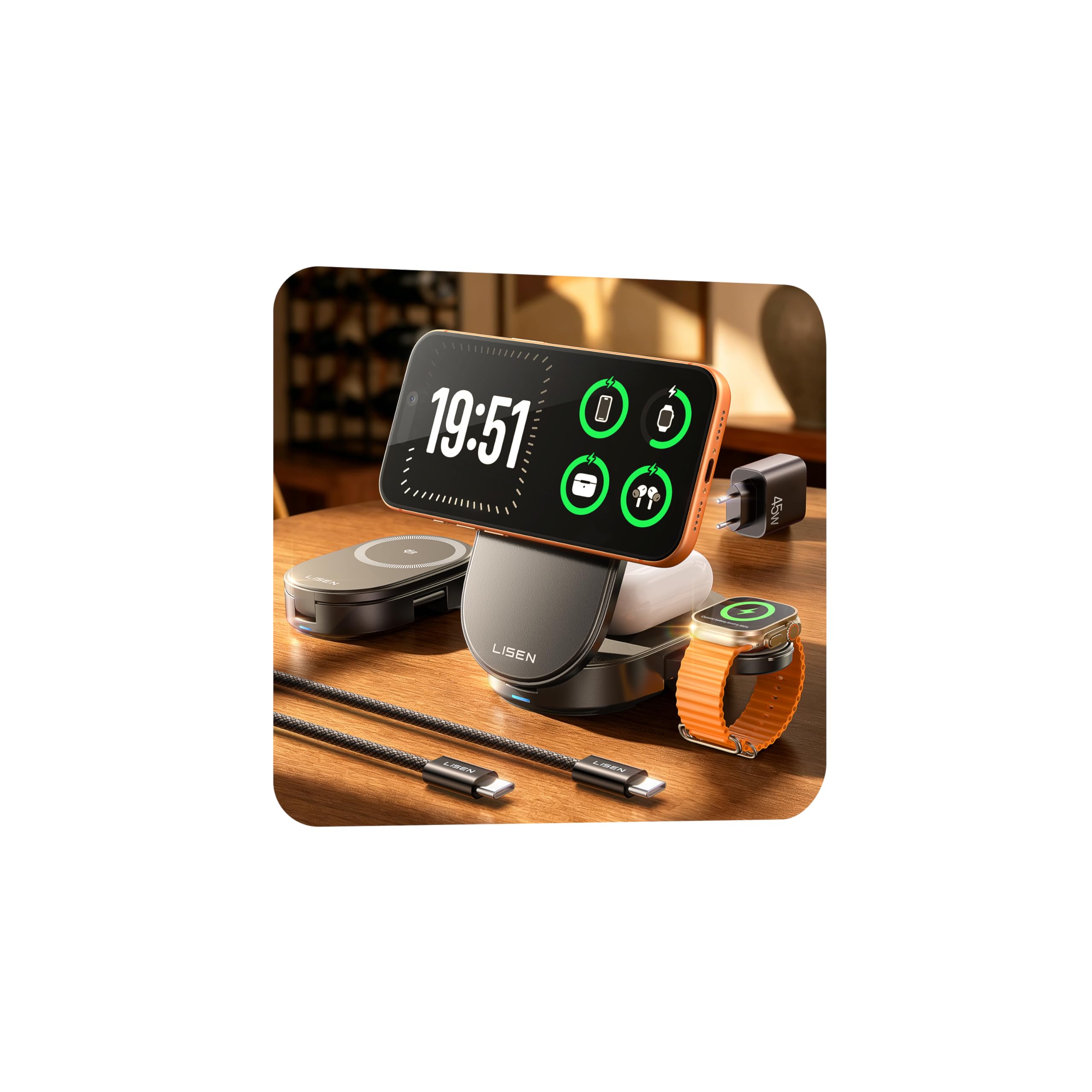 71Z3Huikd3L._SY2560_.jpg LISEN 3-in-1 MagSafe Ladestation mit 25W Qi2.2 – Faltbares Schnellladegerät für iPhone & Apple Watch – Bild 1