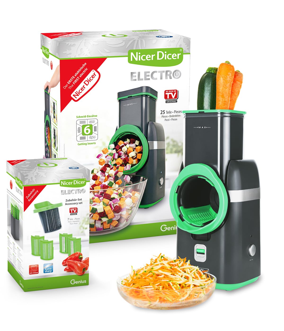 71c7aCKMsBL._SY1400_.jpg Genius Nicer Dicer Electro Deluxe Set 32-tlg – Elektrischer Gemüsehobel mit 9 Einsätzen – Bild 1