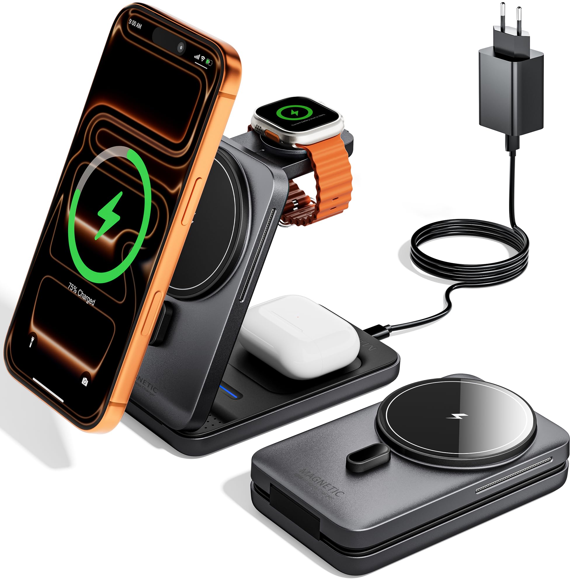 71fz4xSPCdL._SY2000_.jpg KPON 3-in-1 Magsafe Ladestation für iPhone, Apple Watch & AirPods – Faltbar mit 20W Adapter – Bild 1