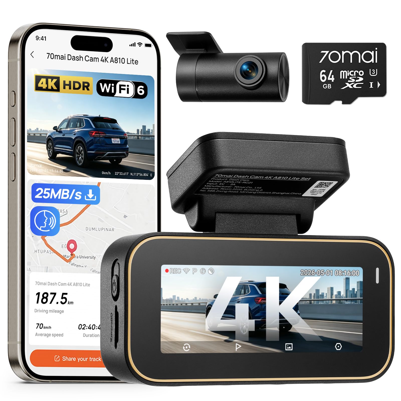 71gCFD9SCL._SY1600_.jpg 70mai A810 Lite Dual-Dashcam 4K+1080P mit HDR Nachtsicht & 4G LTE Fernzugriff – Bild 1