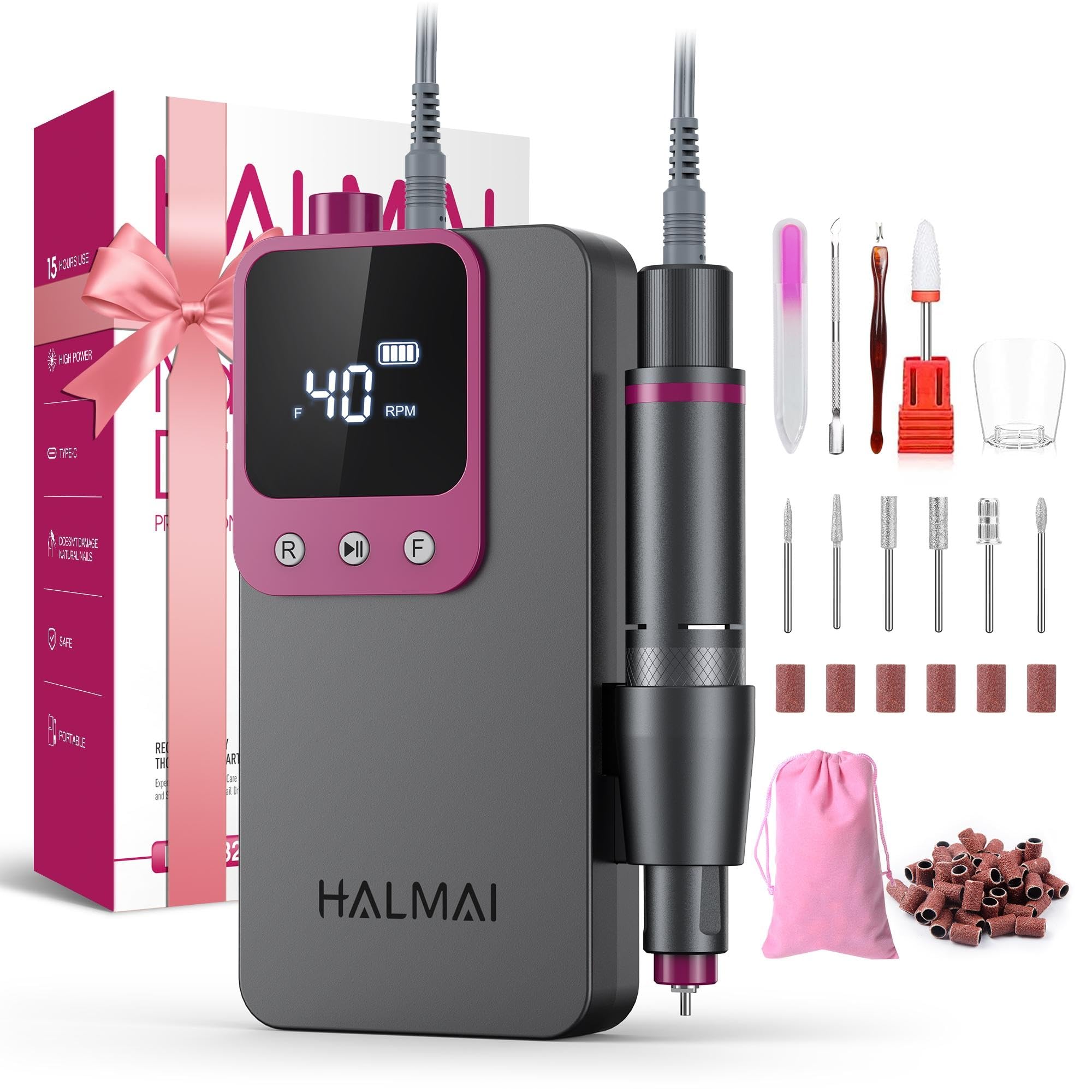 71hPVKCFyoL._SY2000_.jpg HALMAI HMC320 Elektrischer Nagelfräser 40000 RPM – Kabelloser Profi-Nagelfräser mit LCD-Display für Acryl- & Gel-Nägel – Bild 1