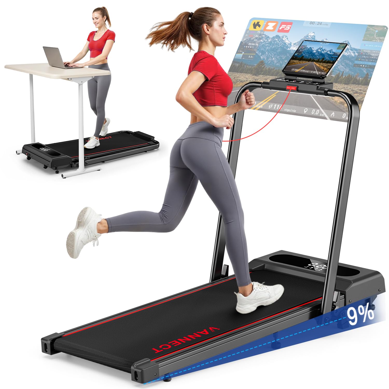 71kQqlUegbL._SY1500_.jpg VANNECT Walking Pad – Klappbares Laufband mit 9% Steigung & App-Steuerung bis 150 kg – Bild 1