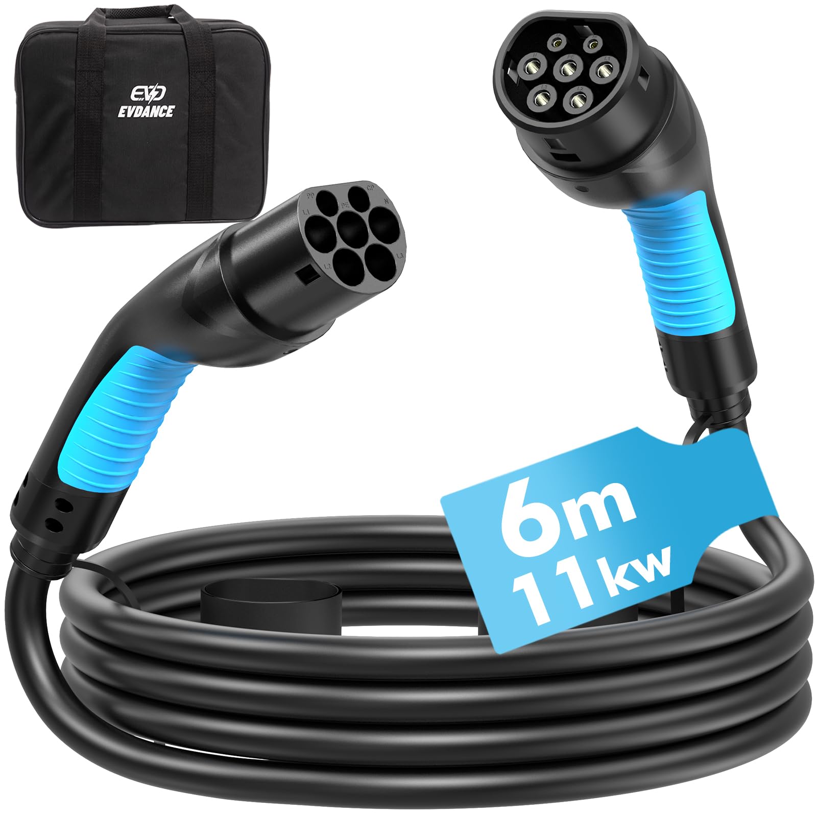 71td21oSNL._SY1600_.jpg EVDANCE Typ 2 Ladekabel 6m 11kW – 16A 3-Phasig für Elektroautos mit Tasche – Bild 1