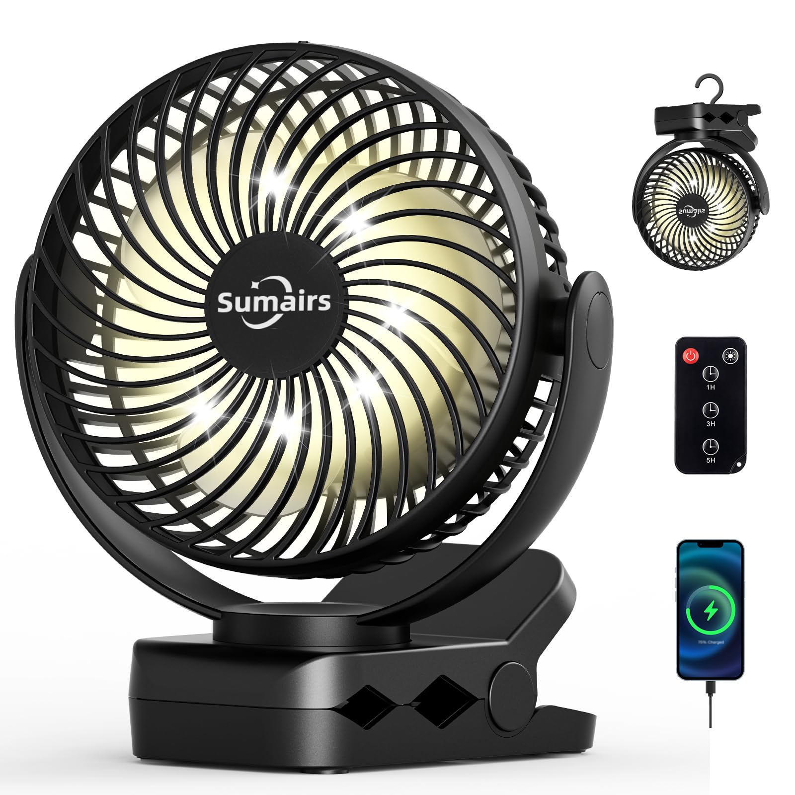 71wWW9PC4AL._SY1600_.jpg Sumairs 10000mAh Akku Camping Ventilator 14cm – Tragbar mit Fernbedienung & LED-Lampe – Bild 1