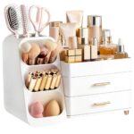 HBlife Kosmetik Organizer 36x19x26 cm – 3-in-1 Aufbewahrungsbox mit Schubladen & Pinselhalter Weiss