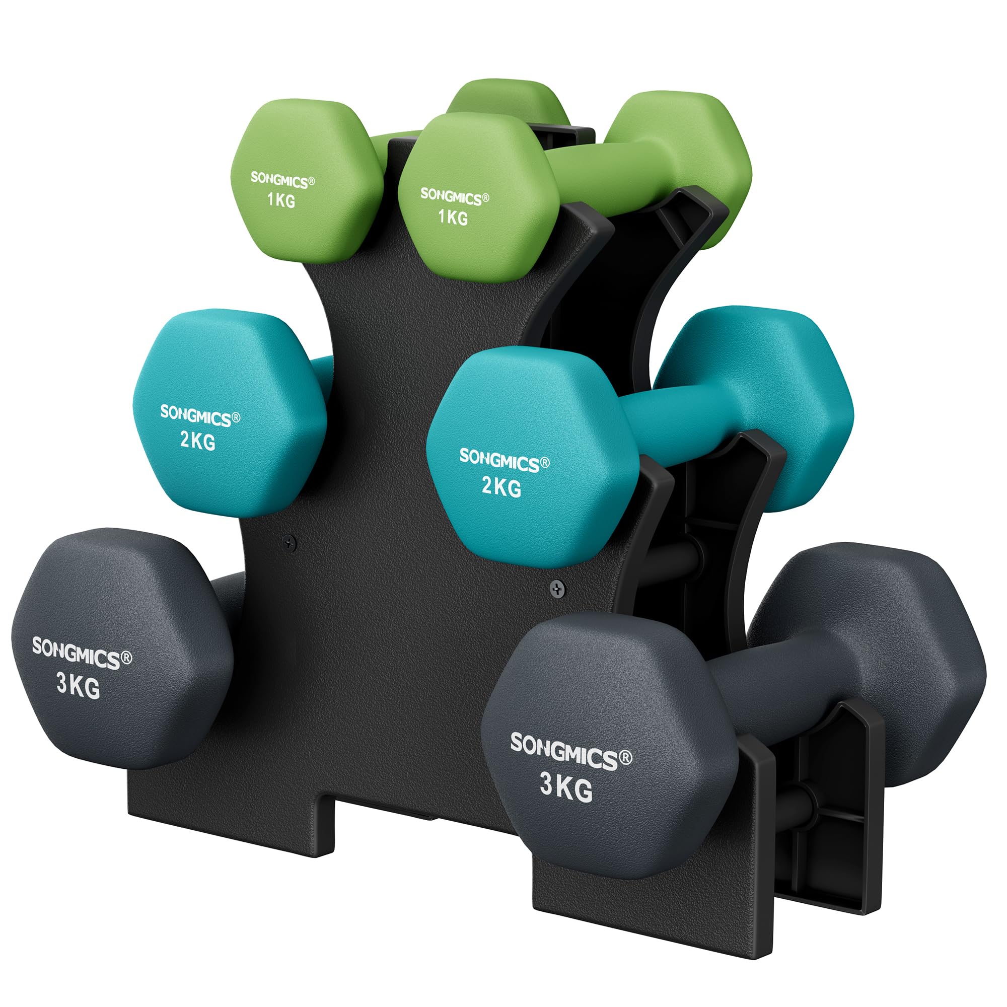 81DwsLBac9L._SY2000_.jpg SONGMICS Kurzhantel-Set 9kg mit Ständer – Neopren-Hanteln 1-3kg für Anfänger – Bild 1