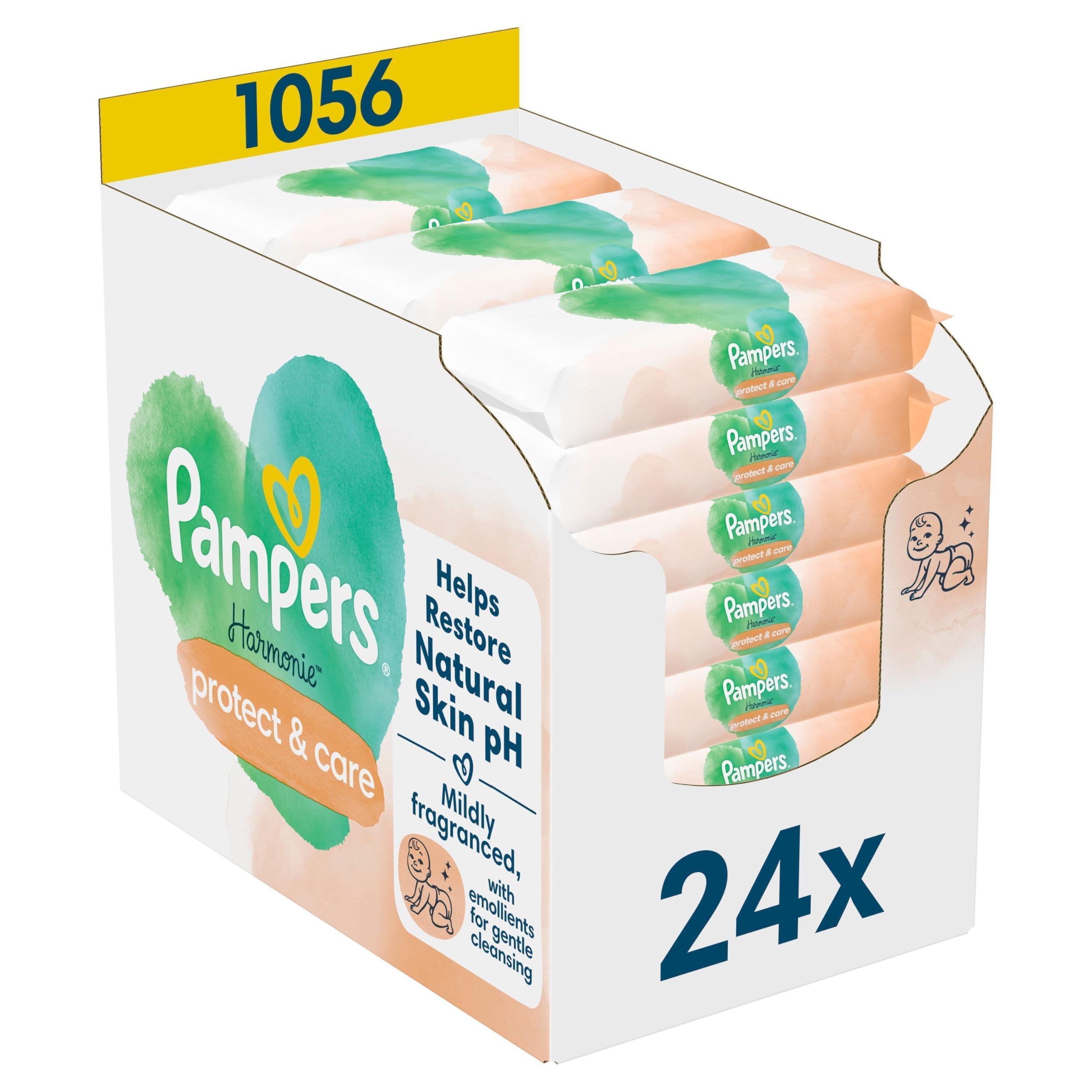 81YooiRIHML._SY2560_.jpg Pampers Harmonie Protect & Care Feuchttücher – pH-neutral für empfindliche Babyhaut, 1056er Pack – Bild 1