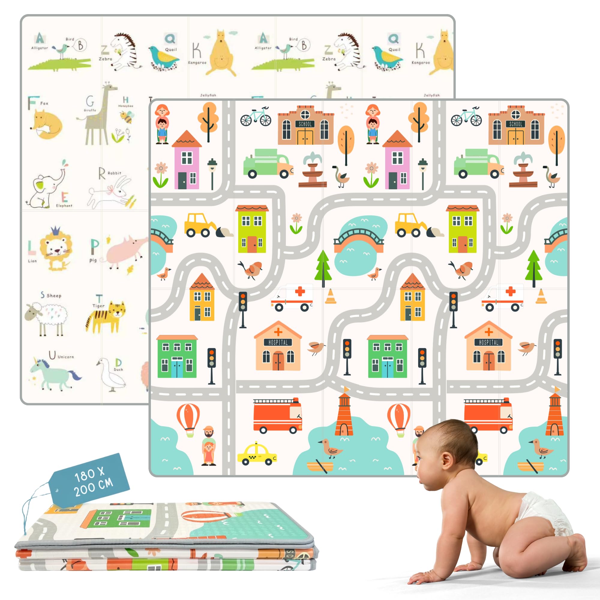 81cfjHiWgfL._SY2000_.jpg HuBorns Krabbelmatte Baby 200x180 cm – Faltbar, Wendbar & Wasserdicht mit CE Zertifikat – Bild 1