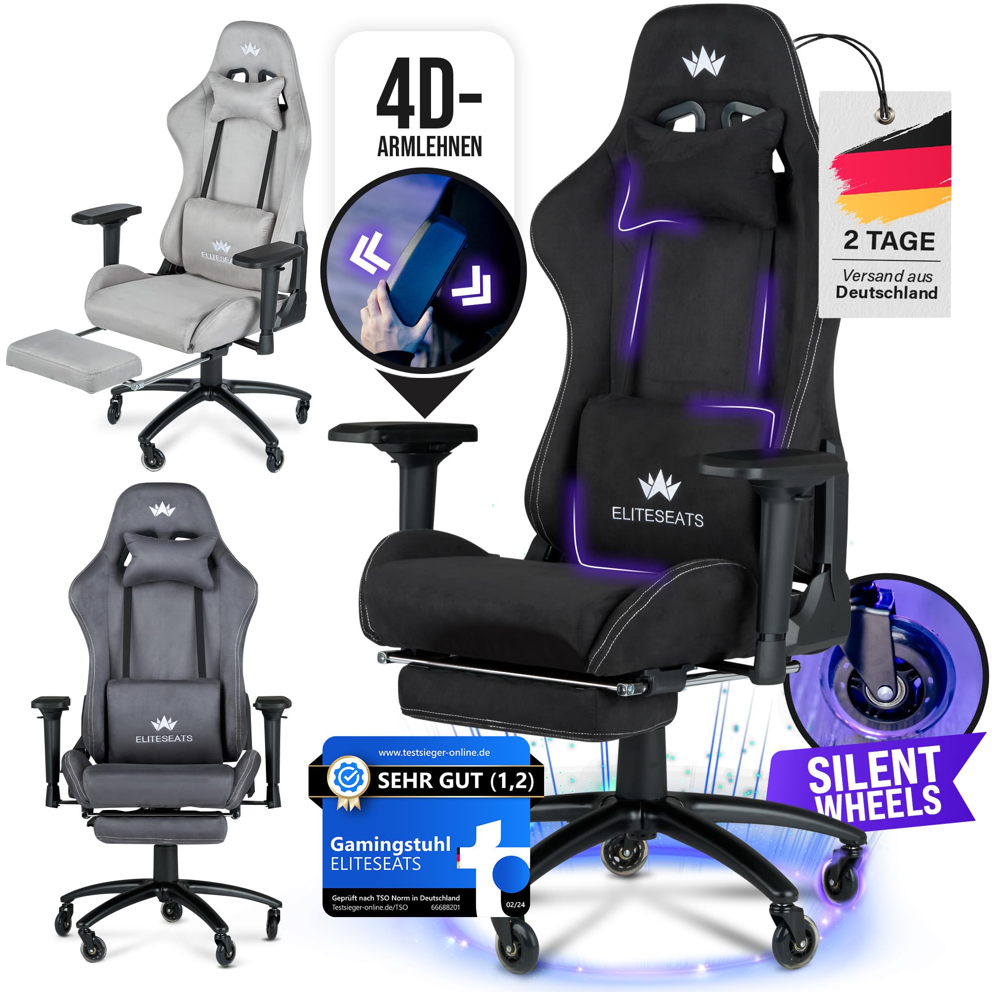 81kVghzasL._SY2000_.jpg ELITESEATS Gaming Stuhl Ergonomisch – 4D-Armlehnen, Fusssstütze & 150 kg Belastbarkeit – Bild 1