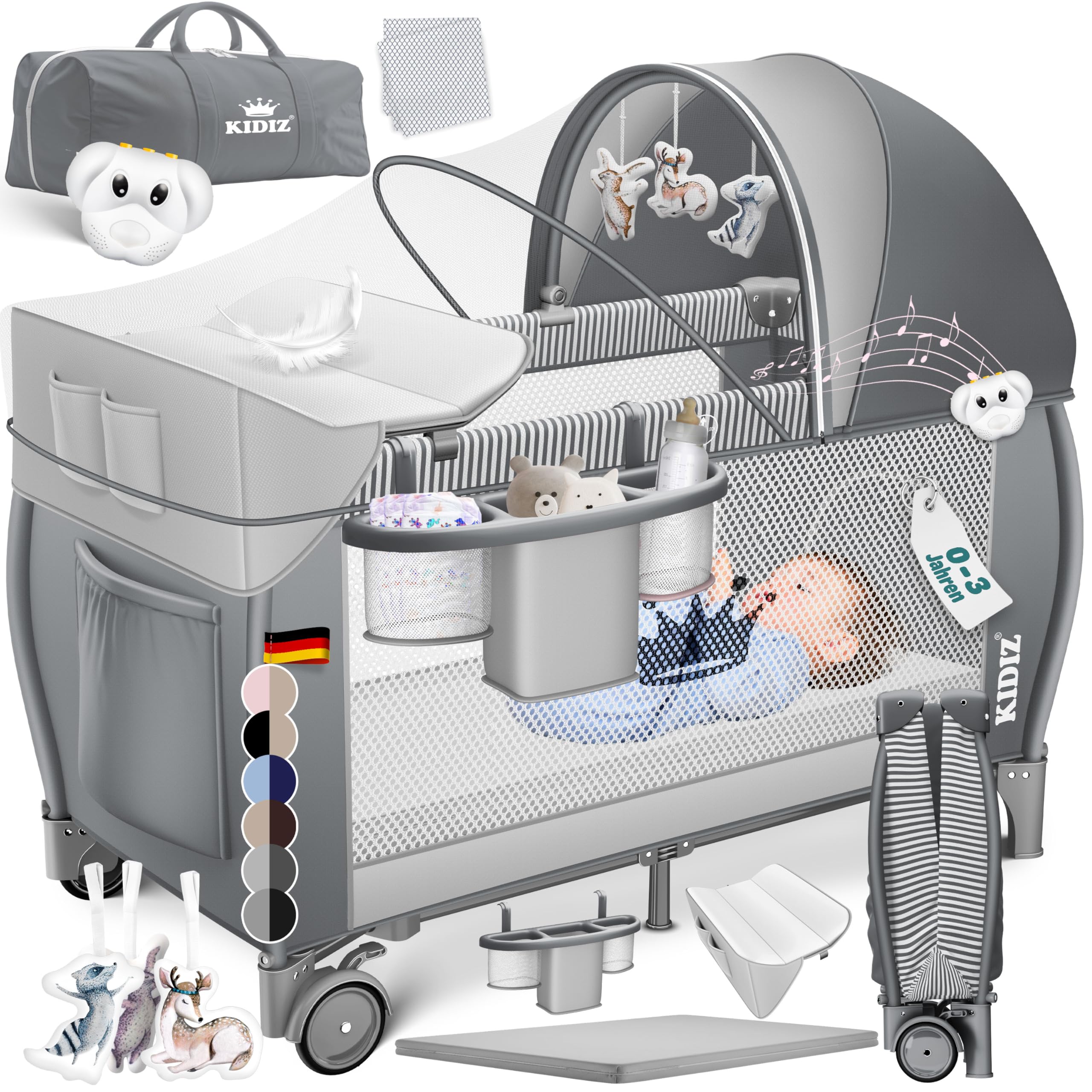 91kUI7o6LAL._SY2560_.jpg Kidiz Babybett Reisebett 120x60 cm mit Wickelauflage, Moskitonetz & Tragetasche – Bild 1