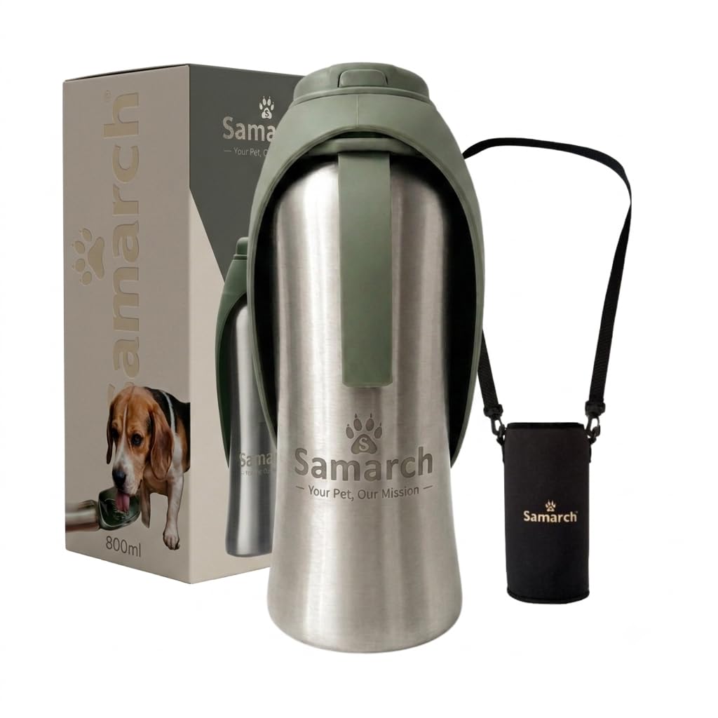 51IIvvLSYWL._SY1024_.jpg SAMARCH Hunde Trinkflaschen Set 800ml – Edelstahl Wasserflasche mit Silikon Napf & Tasche – Bild 1