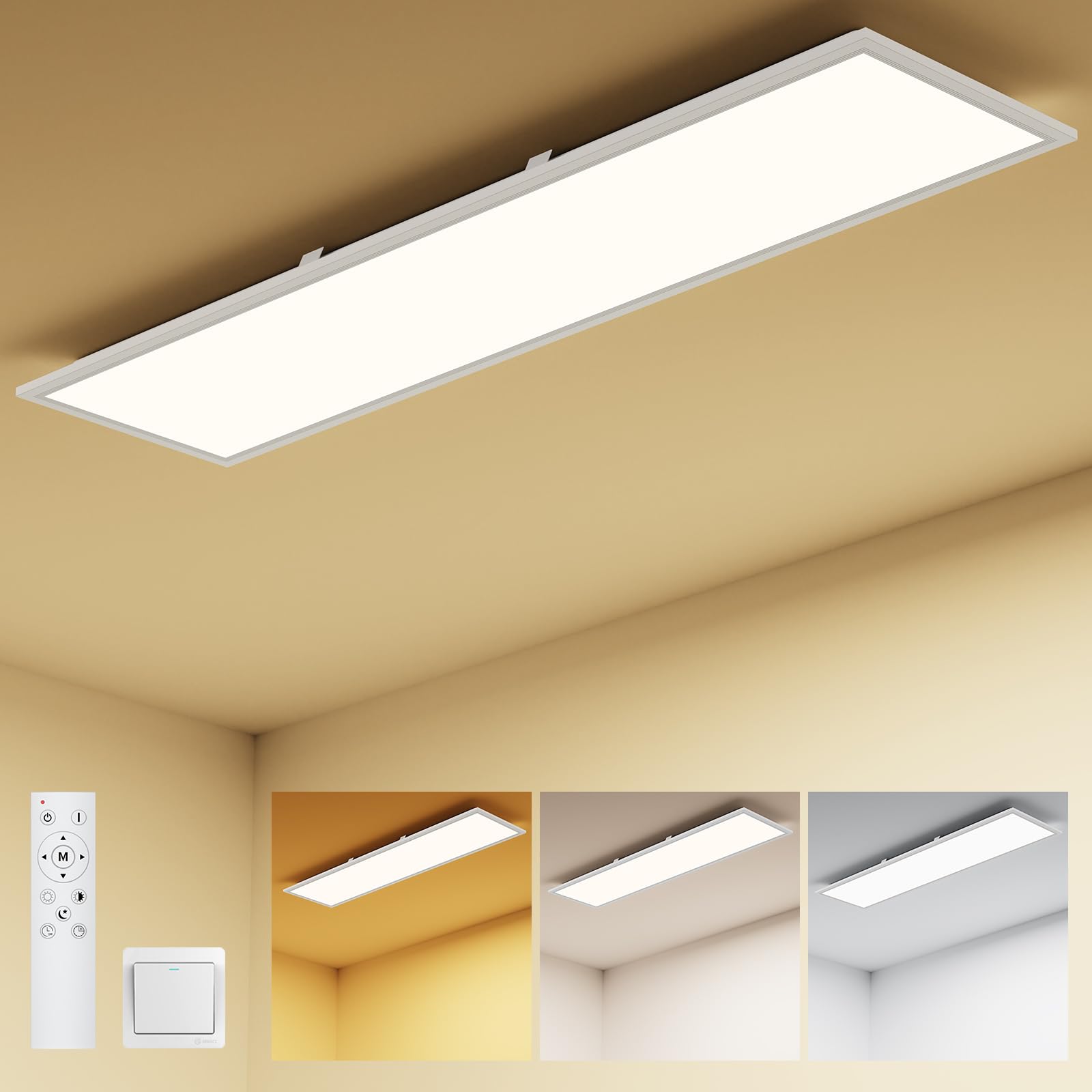 61pgkwsDR9L._SY1600_.jpg Amdelne LED Panel Deckenleuchte 100x25cm – Dimmbar 3000-6500K mit Fernbedienung & Timer – Bild 1