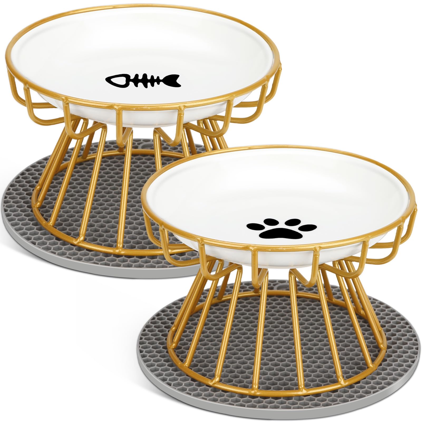 71KHkgnpGaL._SY1601_.jpg Mozvvco Erhöhter Katzennapf 2er-Set – Keramik mit Metallständer & Silikonmatte Gold – Bild 1